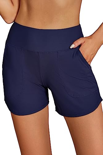 SHEKINI Costume da bagno da donna, a vita alta, con tasche, ad asciugatura rapida, per sport acquatici, con slip, Blu scuro, M