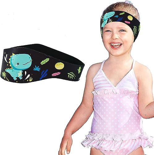 JOCXZI Diadema de Natación, Banda de Neopreno Elástica, Banda para Cabeza de Natación Cinta Natacion Oidos Niños con Patrón Animal Lindo para Nadar y Surfear,Patrón de Dinosaurio Negro