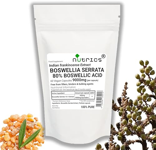 Nutrics® 9000mg (per Capsule) BOSWELLIA SERRATA Extract 80% Boswellic Acid 60 Vegan Capsules (2 Month Supply) - Indian Frankincense Supplement - Pure, No fillers, Binders or Bulking Agents