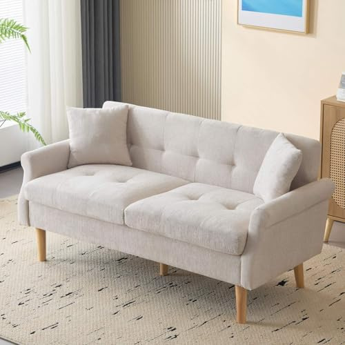 PUGSDRLY Canapé 2 Places avec Coussins épais,Petit Canapé,Design Moderne,Meuble Rembourré,Tissu Chenille,pour Salon,Chambre,Appartement (Beige)