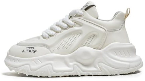 Men's Fashion Leather Lace Up Platform Sneakers Classic Round Toe Non-Slip Chunky Sport Shoes Tennis Driving Walking Shoes (White,10)