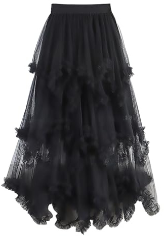 Jupe trapèze pour femme - Jupe midi fluide - Jupe en tulle irrégulière - Jupe évasée plissée - Jupe patineuse plissée - Jupe de ballet pour femme - Jupe mi-longue - Jupe à volants pour femme - Taille
