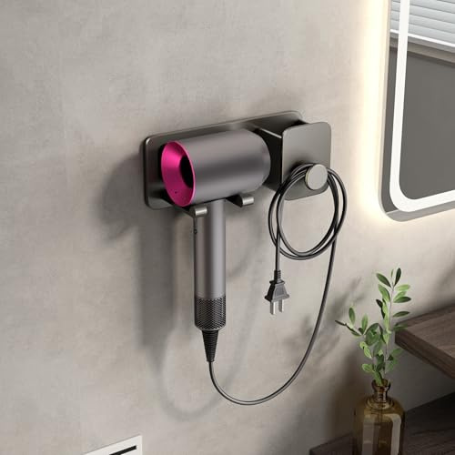 Voldra Hair Dryer Holder Wall Mounted, Self-Adhesive Styling Care Tools Organiser Hair Brush Holder Blow Dryer Holder with Plug&Cord Organizer for Bathroom Barber Shops(Gray)