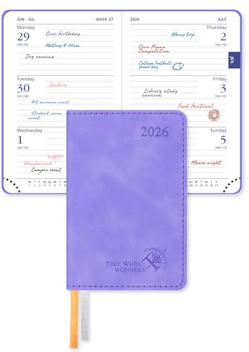 POPRUN 2026 Pocket Weekly Planner (Super Mini Size 3'' x 4.5'') 12 Months Compact Calendar for Purse, Two Pages Per Week with Monthly Overview, Soft Cover, Two Bookmark Ribbons - Lilac