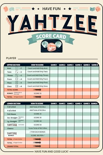 Print It Uk Yahtzee - 50 fogli A5 sfusi su entrambi i lati (600 giochi in totale) - Carta a colori di alta qualità da 150 g/m² - Segnapunti per giochi Yahtzy, Yatzee e dadi
