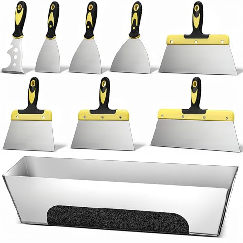 Lasnten 9 Piece Drywall Tools, Stainless Steel Drywall Knife Tool Kit Includes Putty Knife, Taping Knives, Putty Knives, 12 Mud Pan, Painter Scrapers for Joint Taping, Finishing, Patching