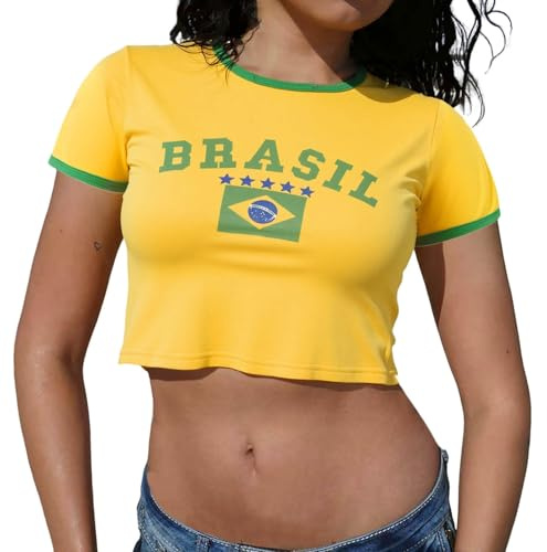 Y2K - Camiseta deportiva para mujer, cuello redondo, manga corta, verano, Brasil, sin vientre, adolescentes, niñas, vintage, uniformes de animadora, transpirables, ropa de calle