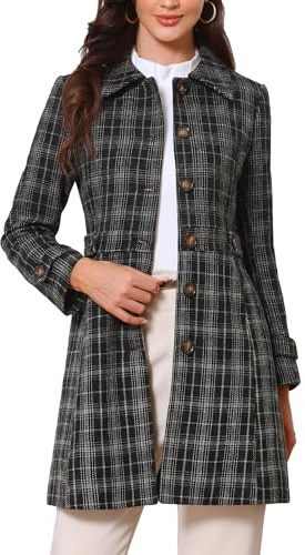 Allegra K Manteau D'Hiver Femme à Carreaux Caban à Simple Boutonnage Trench-Coat Mi-Longue à Col Rabattu Costume de Noël Noir L