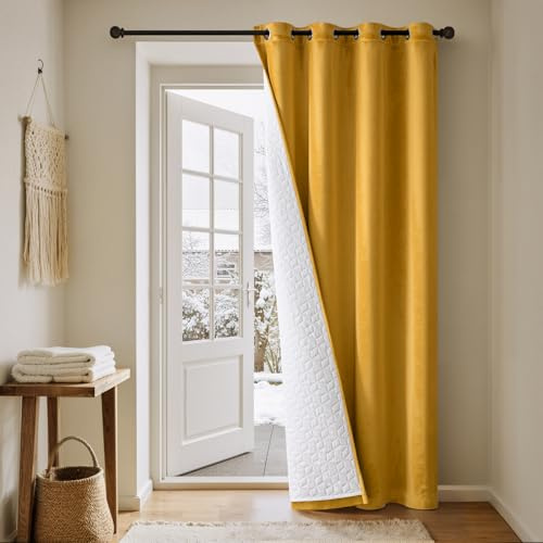 MIULEE Thermovorhang Samt 1Stück H225xB132 cm Senfgelb | Doppellagiger Samt Vorhang mit Fütterung, Isoliert Gegen Kälte & Hitze, Verdunkelnd, Ideal für Innentüren im Winter