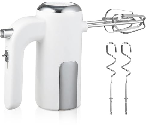 400 W handmixer, 5 steg & turbofunktion, rostfritt stål omrörare, handmixer med 2 vispar, 2 knådningskrokar, enklicksrengöring, för kök, bakning, blandning och matlagning