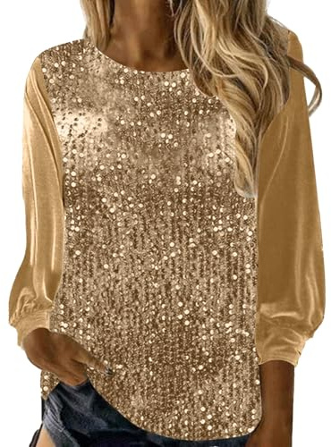 Generisch 2025 Blusa de mujer, cuello redondo, manga larga, con lentejuelas sueltas, blusa elegante con corbata para mujer, dorado, M