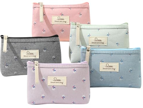 MLPKOI 5 Piezas Bolsa de Cosméticos de Lona, Neceser Mujer Pequeño Bolsas de Maquillaje Impresas con Cremallera Bolsa Organizadora de Multifunción para Compras, Viajes, Tarjetas, Llaves, Monedas