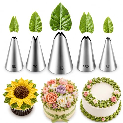 Tumtanm 5 Pcs Leaf Piping Tips Set, Stainless Steel Cake Decorating Tips for Buttercream, Frosting Icing Nozzles for Cupcakes, Cookies, Cakes â Includes 67, 68, 70, 352, 113 â Dishwasher Safe