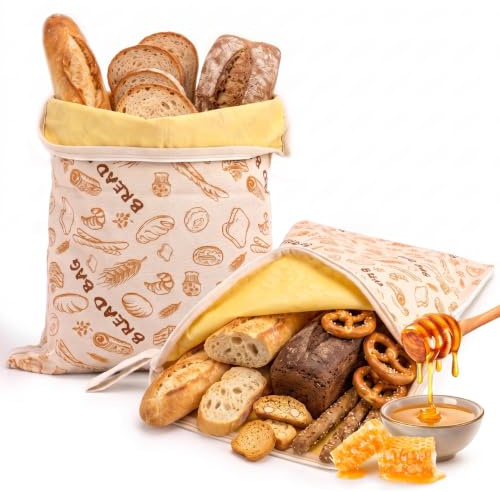Juego De 2 Bolsas De Cera De Abeja Para Pan, 42×33 Cm, Cierre De Cremallera | 2 Bolsas Grandes Para Pan Recubiertas De Cera De Abeja, Con Cremallera En Forma De L Y Asas; Ideales Para Pan De Masa Madre