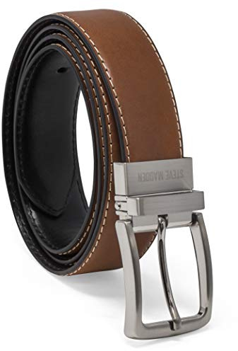 Steve Madden Reversible Men's Dress Casual Every Day Leather Belt, Cognac/Black (Feather Edge), 42