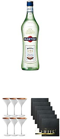 Martini Bianco Vermouth 1,0 Liter + Stölzle Cocktail-und Martiniglas Olympic Serie 6 Gläser - 1408825 + Schiefer Glasuntersetzer eckig 6 x ca. 9,5 cm Durchmesser