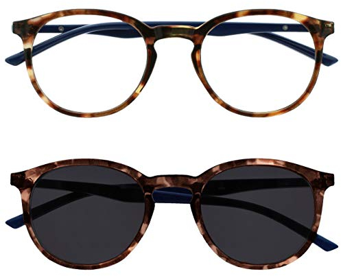 OPULIZE Met Doppelpack Lesebrille Mit Sonne Leser Groß Runden Braun Marineblau Herren Damen Federscharniere RS60-2 +2,50