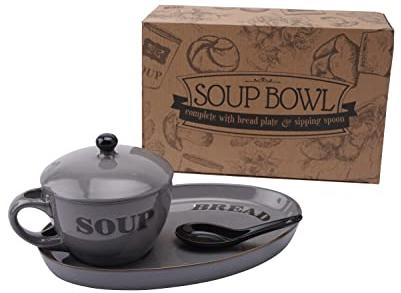 CGB Giftware | Soup Bowl Dish with Bread Serving Plate and Spoon Set | Grey Country Cottage Kitchen Rustic Style | Microwave and Dishwasher Safe | Individually Gift Boxed