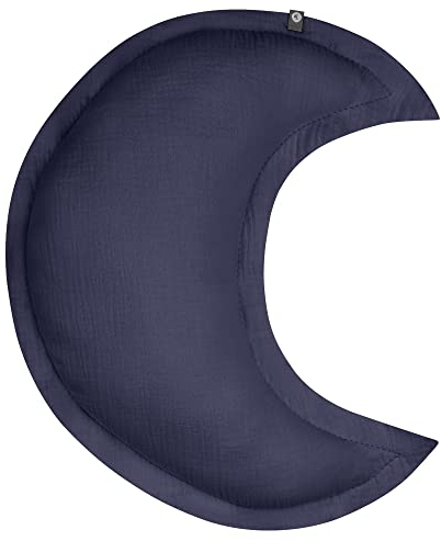 von Herzen Handmade Musselinkissen aus 100% Baumwolle I Kinderkissen I Dekokissen aus Musselin in Mondform I Mondkissen für Kinderzimmer & Bett I Handgenähtes Kissen mit Watte gefüllt (Indigo)