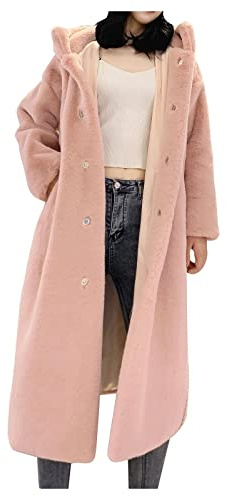 L9WEI Faux Fur Coat - Oversized Women's Long Coat with Hood, Warm Plush - Pink, XXL