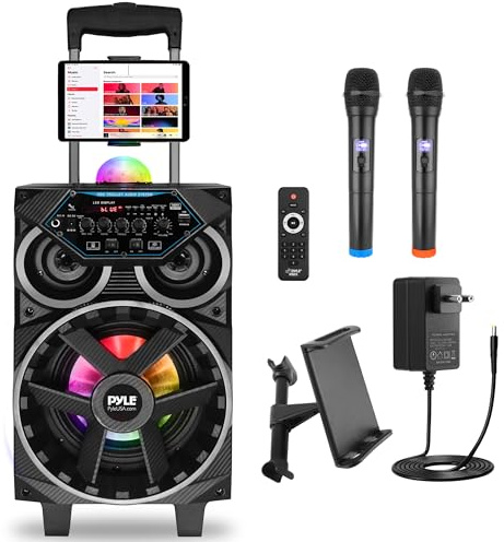 Pyle Cassa Bluetooth Potente 580W, Sistema Stereo Wireless 20cm con Luci Party, Altoparlante Portatile Karaoke, Microfono Wireless, USB, AUX, MP3, SD, FM, Ingresso jack 6,35 mm, Trolley con Ruote