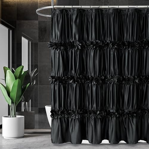 Homechoice Decor Black Ruffle Shower Curtain, Vintage Handcrafted Bow Tie Bath Curtain for Master Bathroom, Ruched Satin Bathroom Curtain with 12 Buttonholes, 72 W x 72 H (LQ-10)