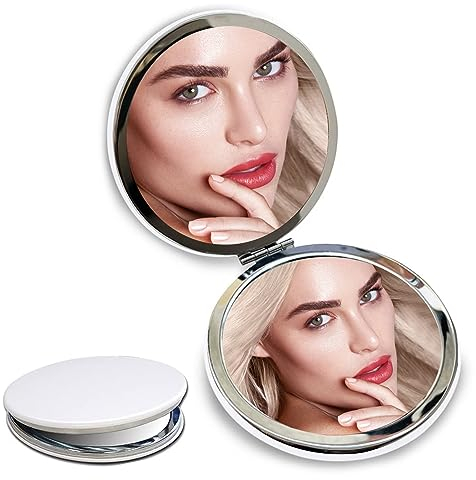 2 Stück Tragbarer Taschen Spiegel PU,73mm Kleiner Kompaktspiegel Faltbarer für Handtasche,Reisen,Make-up (weiß rund)