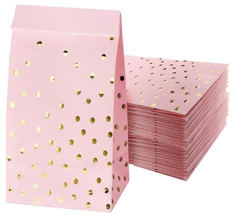 Sacs en papier Bonbon Lot de 24 Sacs cadeaux Rose avec feuille d'or Sac de cotillons de fête 21 x 12 x 7cm Sacs à papier kraft
