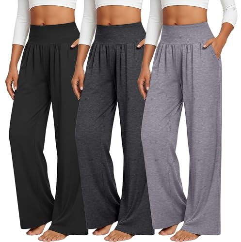 Neer 3 Pack Women's Wide Leg Yoga Pants with Pockets | Ladies Elastic Waist Sweatpants, Loose Fit Baggy Open Bottom, Lounge Casual Joggers, Cozy Stretch Fall Trousers