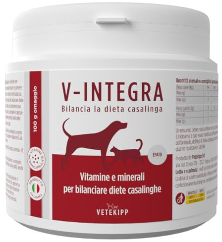 V-INTEGRA Epato Hundar och katter - Komplett tillskott rikt på vitaminer och mineraler, för den hemlagade kosten för hundar och katter som kräver en kopparbriktion - 500g - Tillverkad i Italien