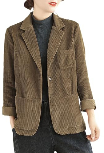 Chahuer Veste De Costume Rétro en Velours Côtelé pour Femmes Conception Multipoches Revers Tempérament Un Bouton Veste Ajustée Marron S
