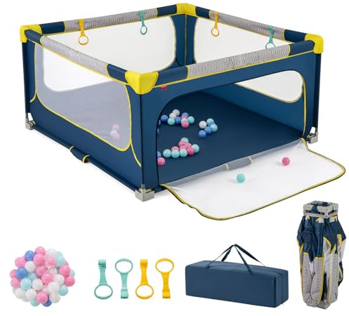LIFEZEAL Parque Infantil Plegable para Bebés 150cm, Área de Juego Segura con Tela Oxford y Malla Transpirable, Parque de Actividades Portátil con Bolsa de Transporte para Niños de 0 a 3 Años (Azul)