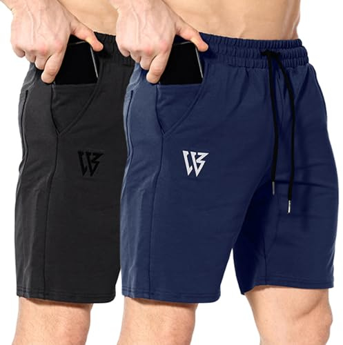 BROKIG Lot de 2 Short Sport Homme avec Poche Zippée Shorts Musculation Running Coton Short de Fitness Respirant Course à Pied pour Hommes(Noir/Marine,L)