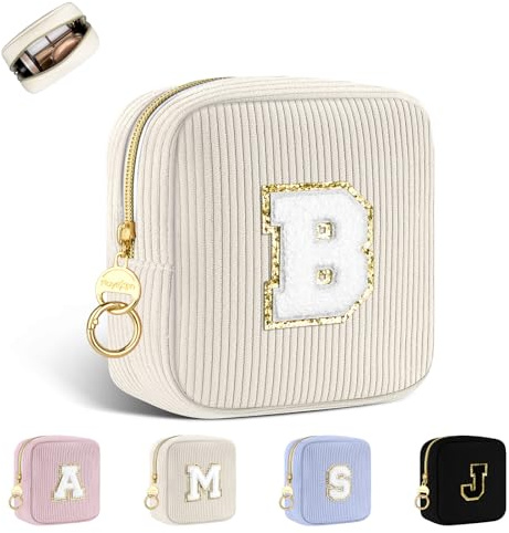 Neceser Personalizado Organizador Maquillaje para Niñas Mujer Inicial Bolsa de Cosméticos de Viaje de Tejido de Pana Multifuncional Bolso de Aseo Estuche Maquillaje Regalo Cumpleaño Navidad Beige B