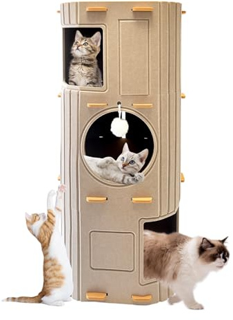 Homegroove casa grande de 3 pisos para gatos de interior, acogedora cueva de gatos con túnel y escondite, condominio para varios gatos para descanso y juego (Camel, Grande)