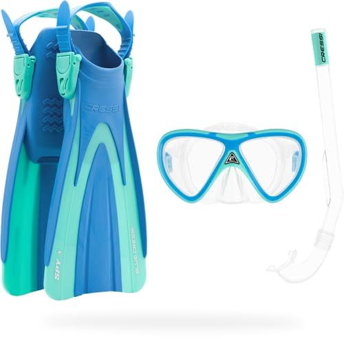 Cressi Seashell Seekers Set per Snorkeling Junior con Pinne Corte, Maschera in Vetro Temperato Antiappannamento e Boccaglio Secco Ergonomico per Mare e Piscina, Blu/Verde Acqua, S/M (2/7 Anni)