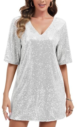 Women's Sequin Sparkly V Neck Mini Dress Half Sleeve Party Shift Silvery XL