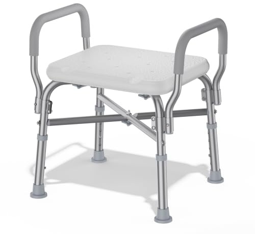 RYGEO Duschpall med avtagbara vadderade armstöd, 250 kg rostfri aluminium, justerbar höjd enkel montering, extra bred sits för bad, äldre, funktionshindrade och skadade vuxna
