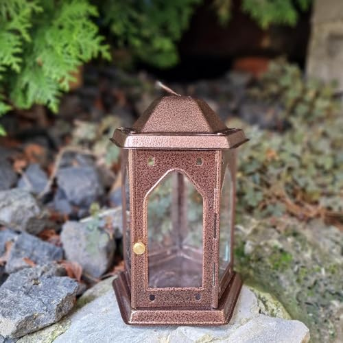 eberin365 GRABWELT Lanterne funéraire Pentus 17 cm - Cuivre antique - 5 vitres en verre pour bougies 40h - Tôle d'acier avec anneau de suspension