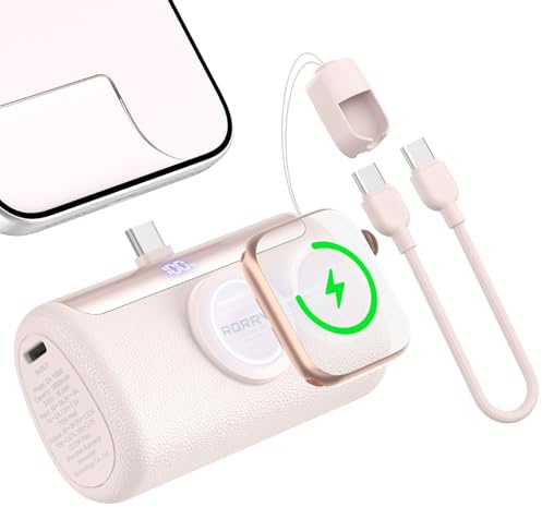 RORRY PalmGo Portable Charger, 10000mAh PD 22.5W Fast Charging Mini Power Bank with Built-in USB C Connector, 3-in-1 Battery Pack for iPhone 17/16/15 Pro/Max, Apple Watch Ultra/11/10/SE, iPad, Pink