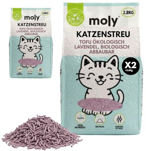 MOLY x2 Arena de Gatos Tofu y Lavanda 5,6 KG 7,4 L | Arena Biodegradable y Aglomerante Alta Absorcion con Aroma de Lavanda y Talco | Control Total de Olores | Sin Polvo | Lecho Mineral Higienico