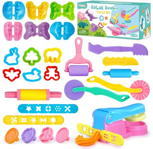 VConejo Dough Tools Set for Kids, 26pcs Dough and Clay Accessories with Stamps, Animal Cutters, Rollers, Extruder, Dinosaur Play Molds, Educational Toys for Boys Girls