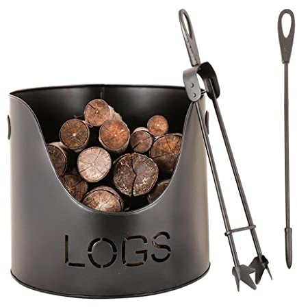 Modern Metal Fireside Kindling Log Bucket with Tools Recycled Iron Firewood Log Basket