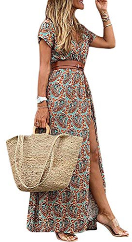 Onsoyours Abito Lungo Maxi Vestiti Donna Estivi Scollo a V Maniche Corte Vestito Spiaggia Floreale Stampa Eleganti Casual Abiti