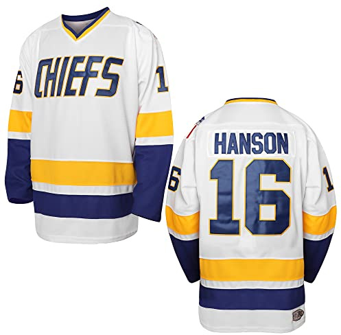 EETUG Hanson Brothers Hockey Jersey 16 Charlestown Chiefs 17 Jeff Slap Shot 18 Movie Hockey Jersey Blue White S-3XL (16 White, Medium)