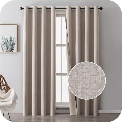 MRTREES 100% Cortinas Opacas Salon 2 Piezas 117×228cm Cortina Beige Gruesa Confeccionada Térmicas Aislante Decorativas con Lino Efecto y Estilo Elegante para Oficina Moderna Habitacion de Ventanas