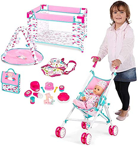 BAKAJI Playset Bambola e Accessori 15 in 1 con Culla Lettino e Carrozzino Pieghevoli Palestrina Gioco Marsupio Porta Bambolotto Borsa Accessori Pappa e Vasino Rivestimento in Tessuto