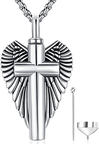 Aniu Collier Urne pour Cendres Argent Sterling 925 Pendentif Urne Funéraire Collier Urne Funéraire Cendres avec Aile d'Ange Croix Bijoux Funéraire pour Cendres Chien Chat