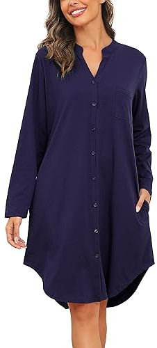 Vlazom Camicia da Notte Cotone con Bottoni a Maniche Lunghe Davanti Curvy Scollo a V，Blu Marino，L