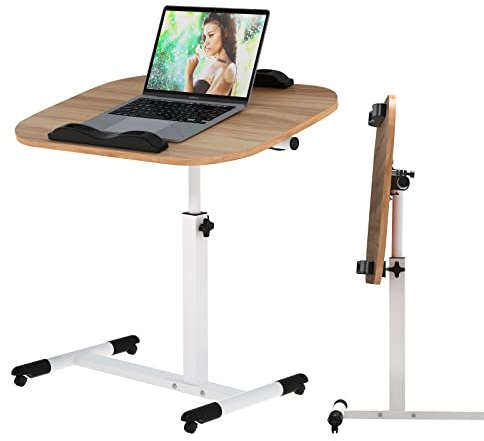 nwixbqoqn Tavolo da Letto con Rotelle 60x40cm, Tavolino da Ufficio Regolabile in Altezza 61-95cm, Tavolo per Laptop con 2 Strisce Antiscivolo e 4 Rotelle per Soggiorno, Camera da Letto, Giallo